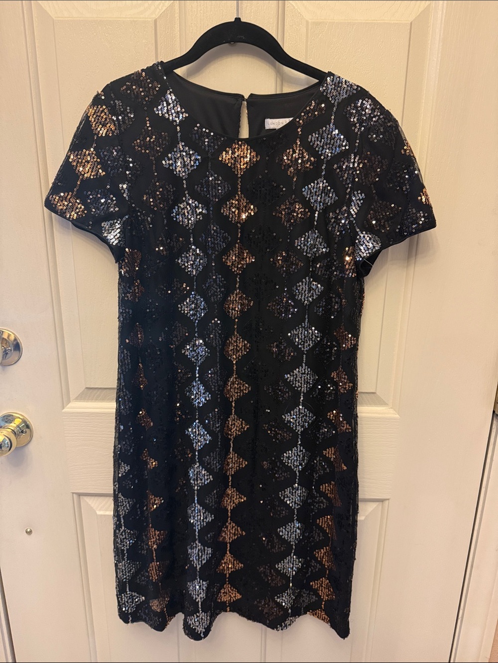 London Times Black Mini Dress with Gold & Silver Sequin Geometric Pattern